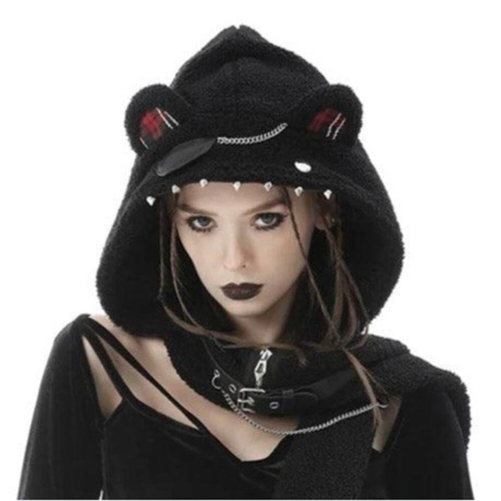 DARK IN LOVE Evil Teddy Bear-Ly Alive Fleecy Hooded Scarf Chains Spikes Collar